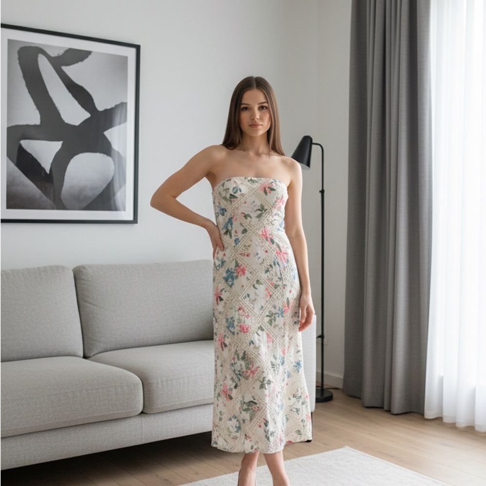 Adelyn Rae Strapless Floral Dress in Cream